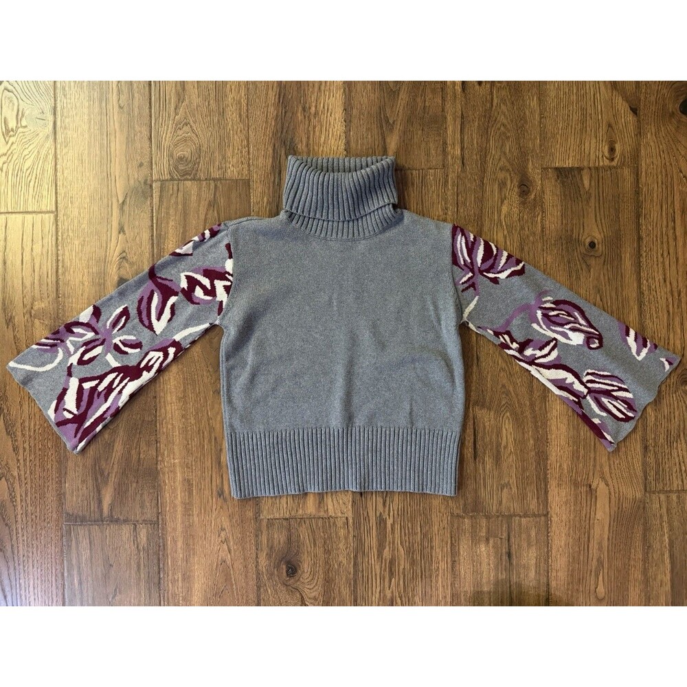 Cabi Gray Floral Bell Sleeve Turtleneck Sweater Medium Cotton Style 3704